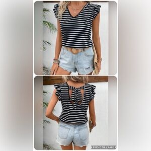 EUC SHEIN Frenchy Striped Tie Back Ruffle Trim Butterfly Sleeve Tee - Sz Med (6)